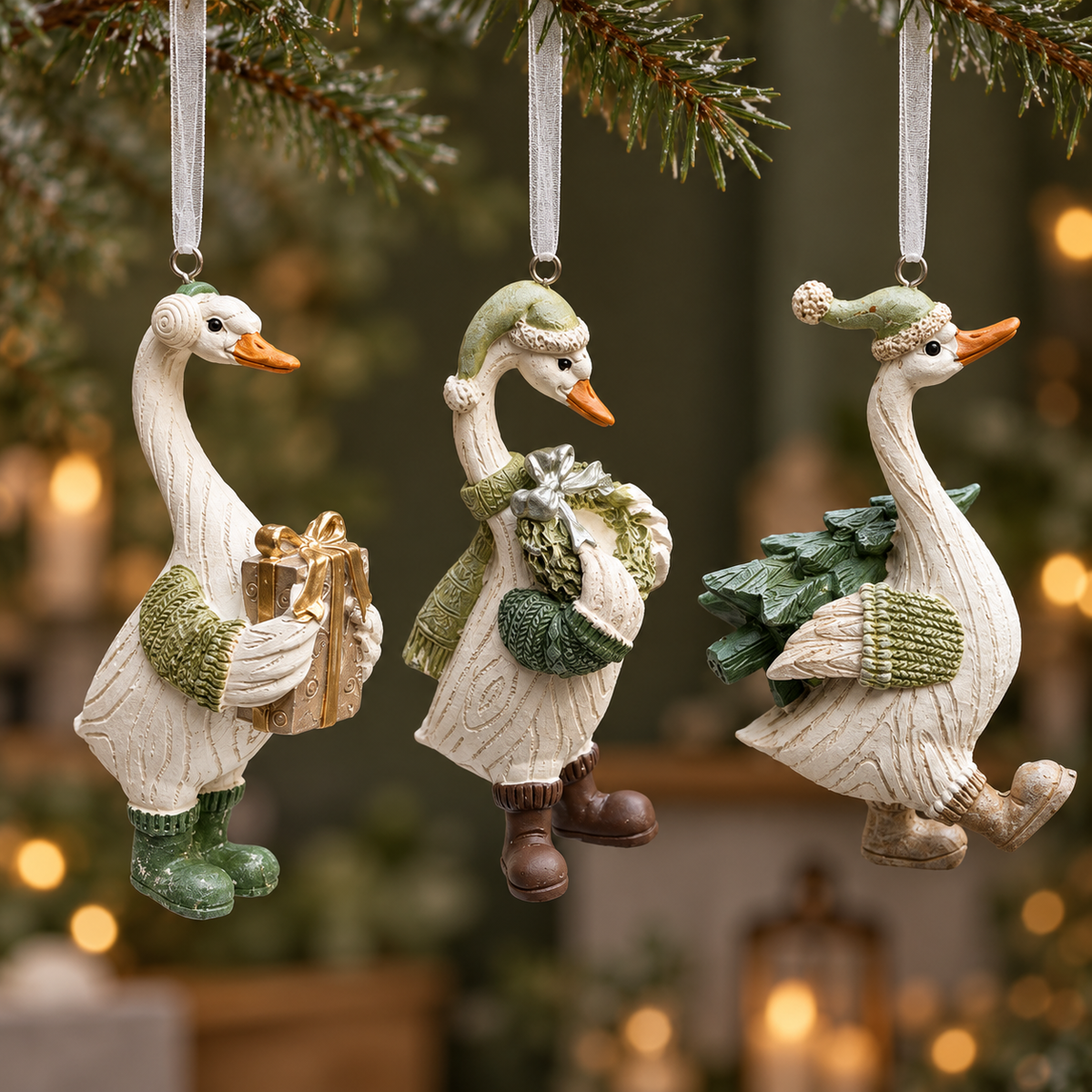 Resin duck Christmas bauble with textured feathers and winter clothing