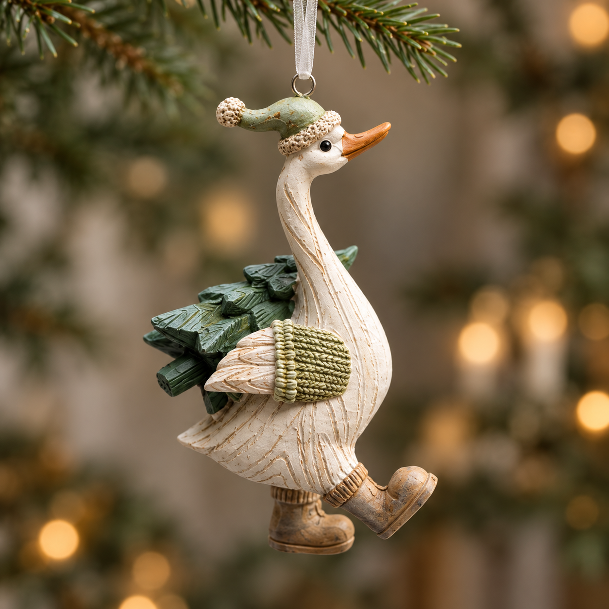 Resin duck Christmas bauble with textured feathers and winter clothing