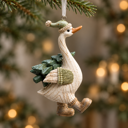 Resin duck Christmas bauble with textured feathers and winter clothing
