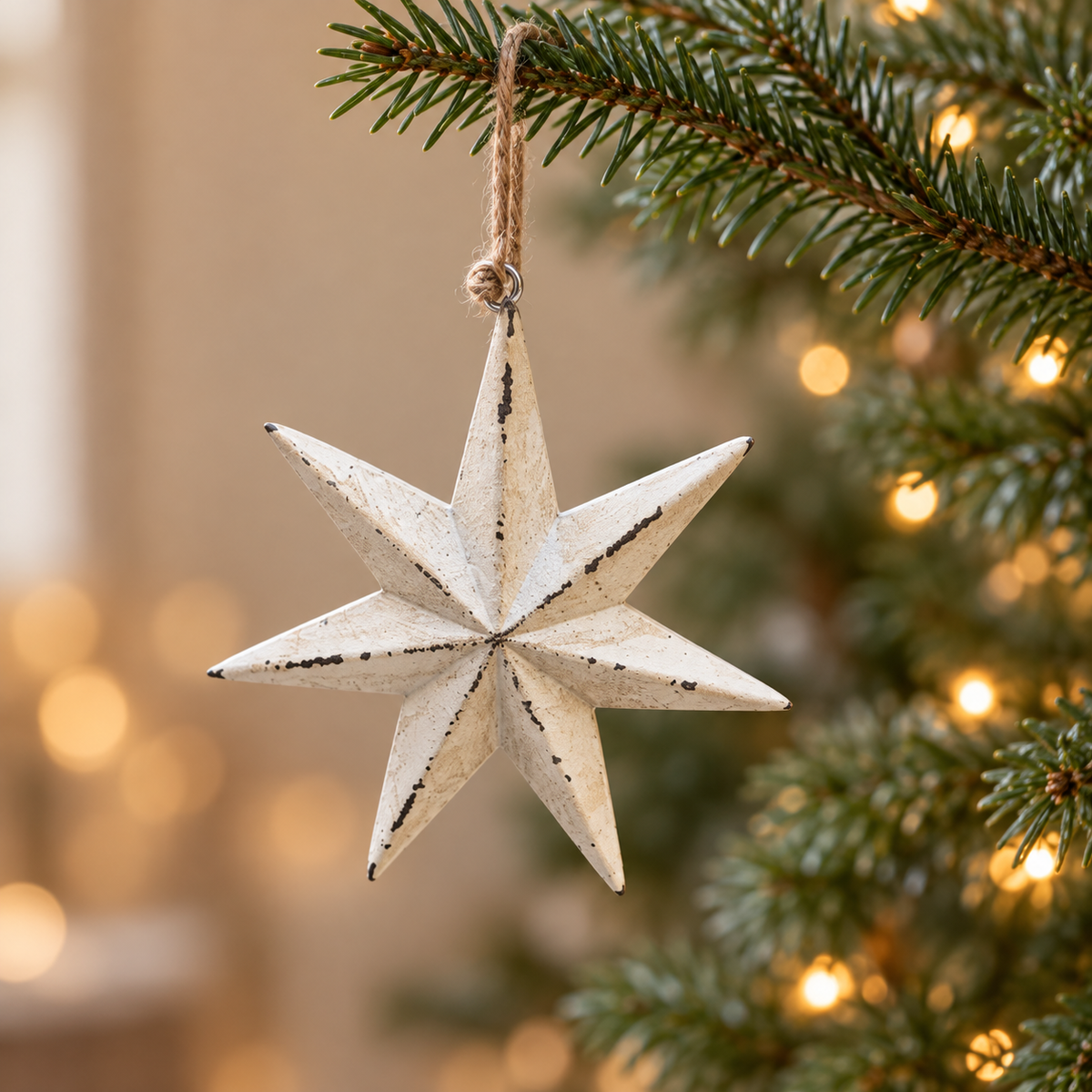 Rustic White Wooden Star Christmas Bauble – 11cm