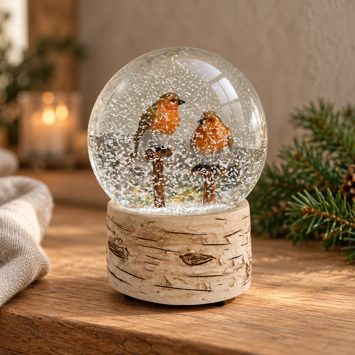 Musical Robin Snow Globe with Bark-Effect Base – 13cm