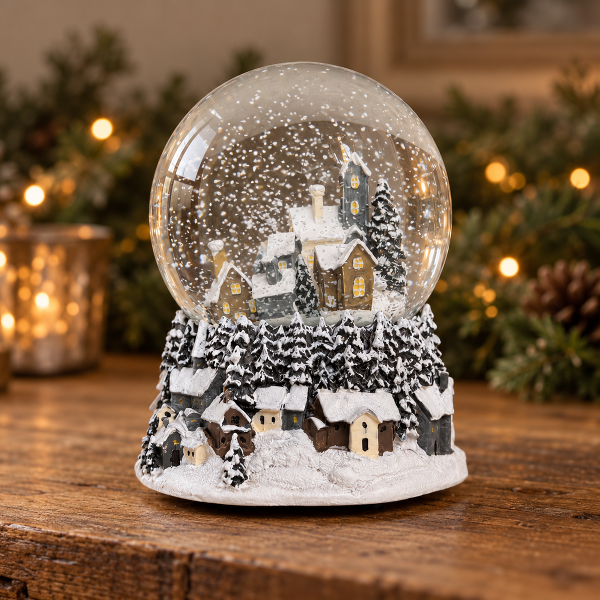 Musical Blue & Gold Townscape Christmas Snow Globe – 14cm