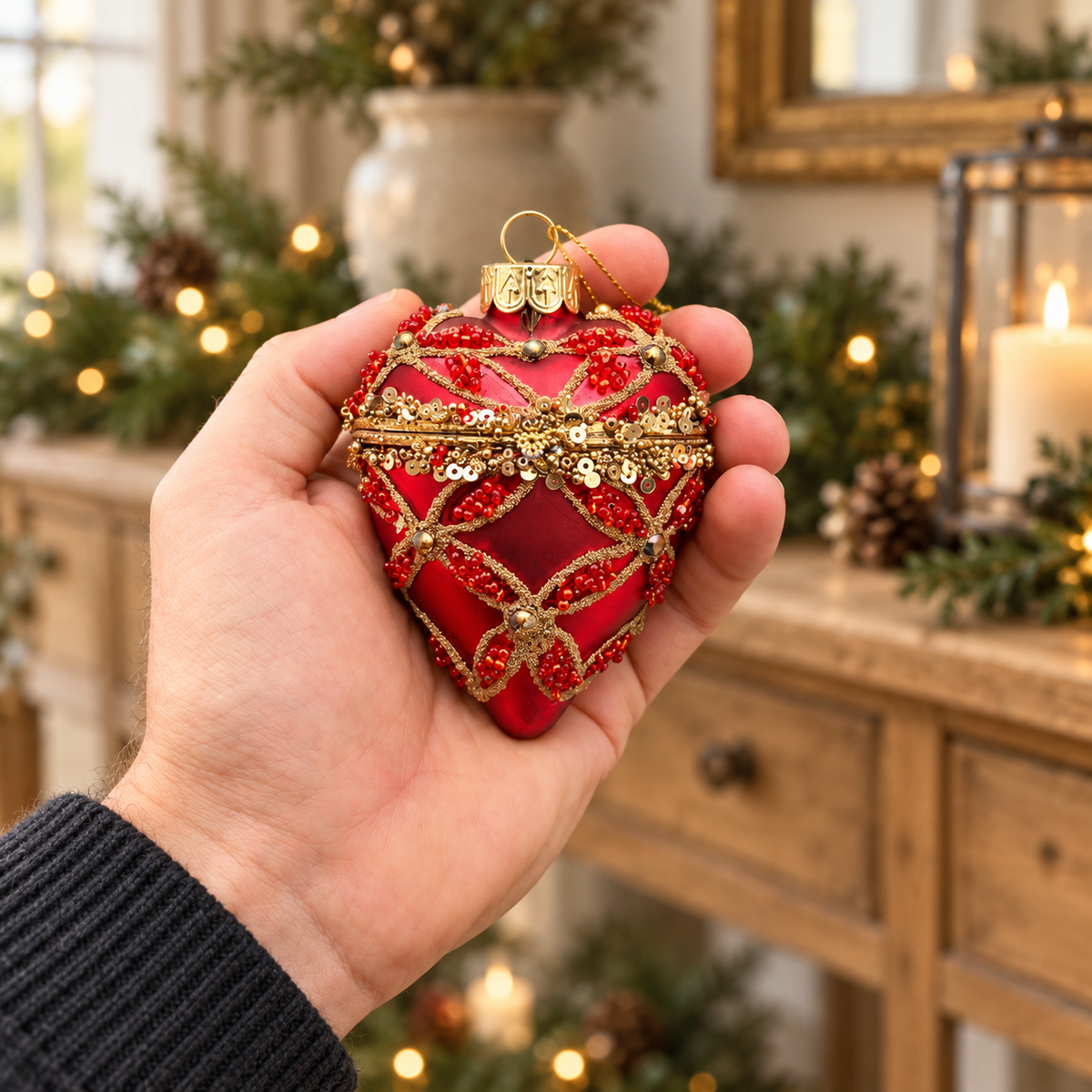 Red and Gold Hinged Heart Glass Christmas Bauble – 9cm