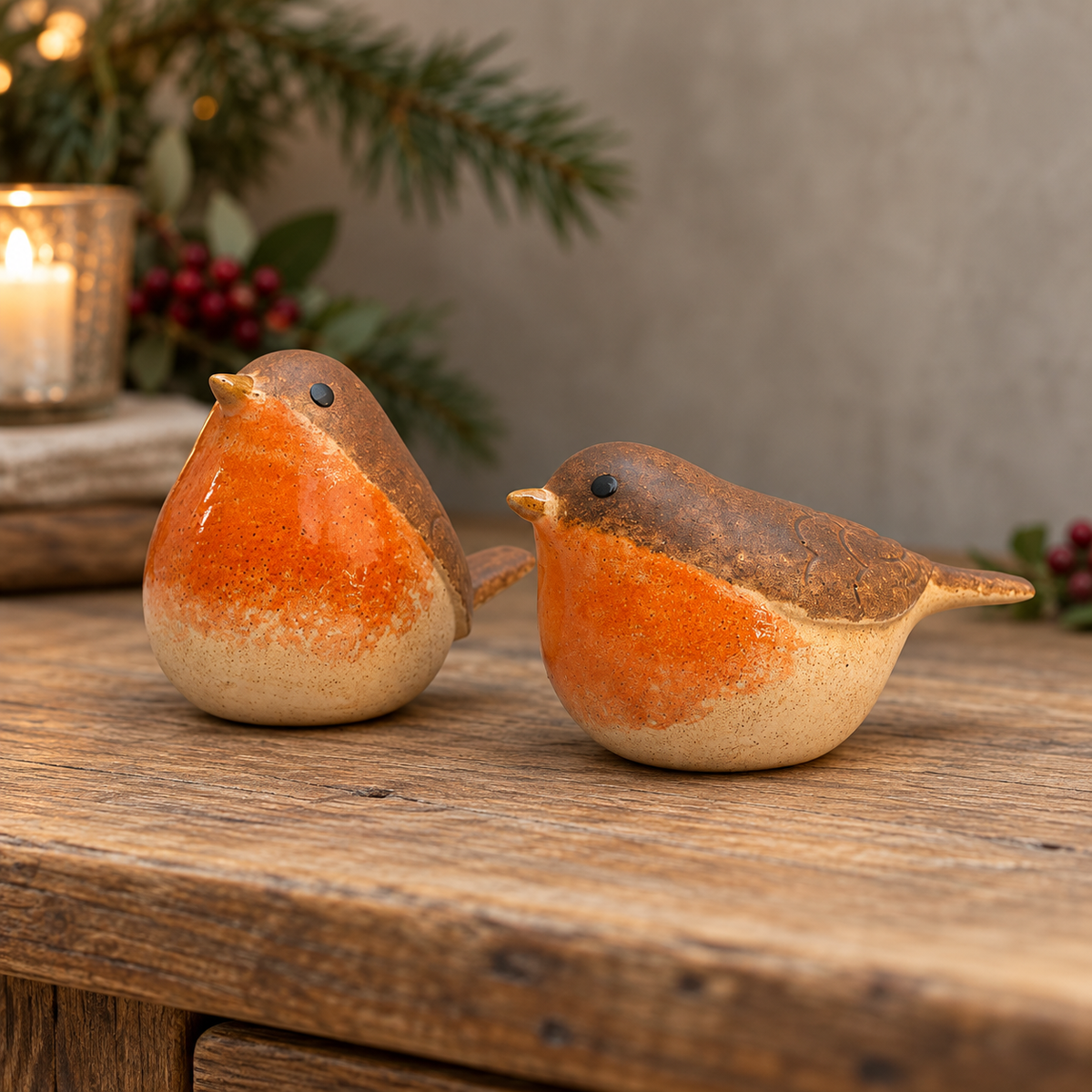 Ceramic robin ornament with a glazed orange breast