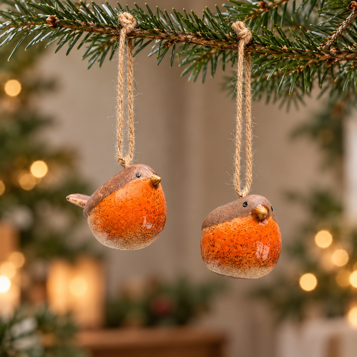 Mini ceramic robin Christmas bauble with a glazed orange breast