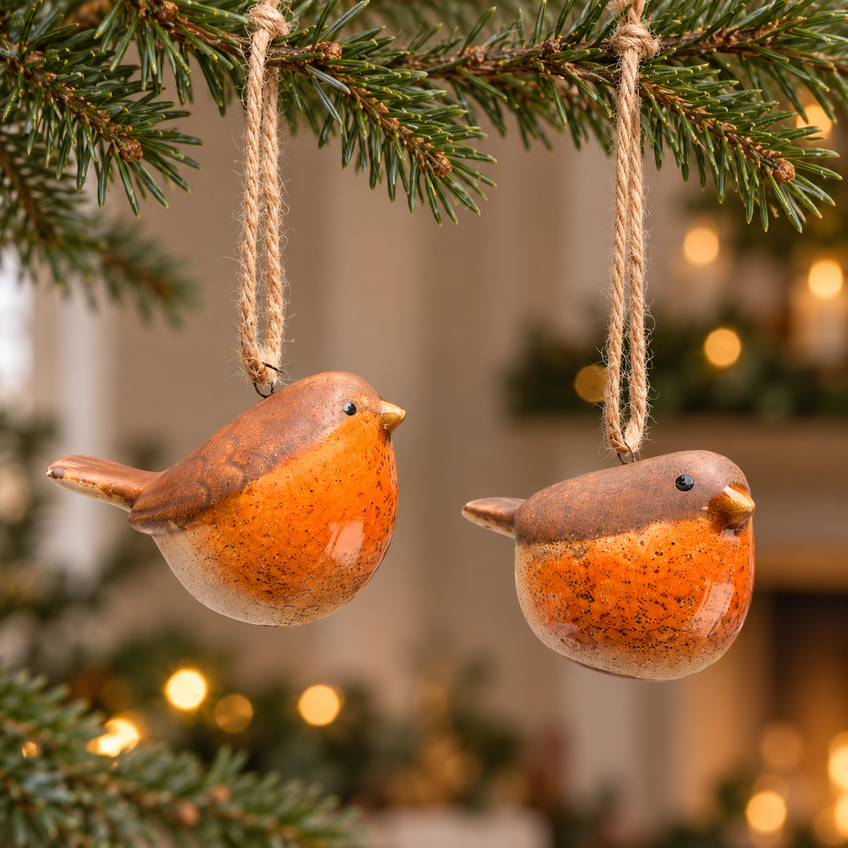 Mini ceramic robin Christmas bauble with a glazed orange breast