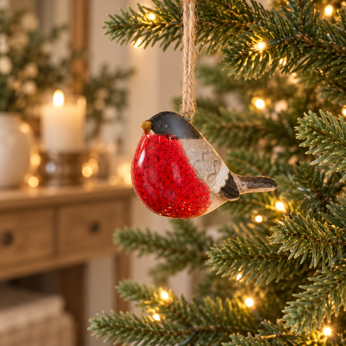 Ceramic Robin Christmas Bauble – 8cm Hanging Tree Decoration