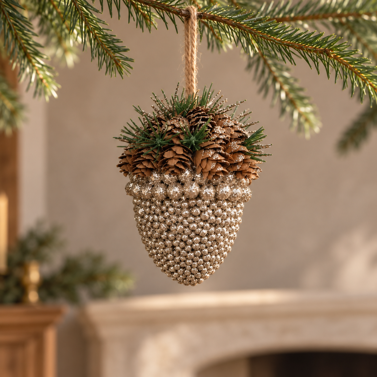 Pinecone acorn Christmas decoration with metallic bauble details and a twine hanging loop, sold individually