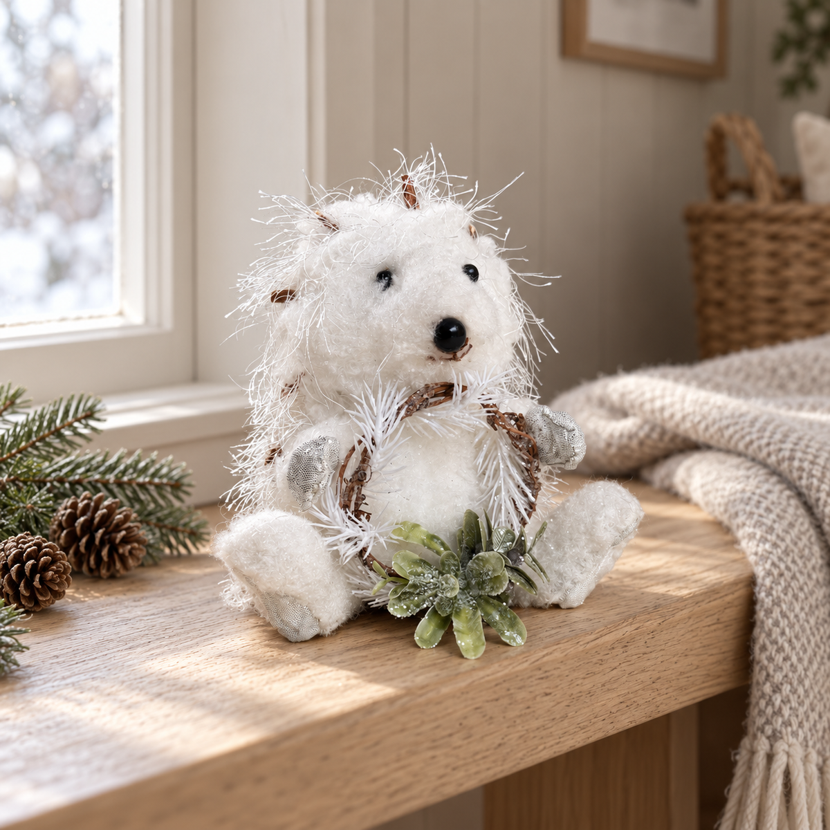 White Festive Hedgehog Ornament Holding a Wreath – 17cm