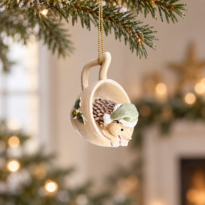 Festive Hedgehog in a Teacup Bauble – Resin Christmas Ornament