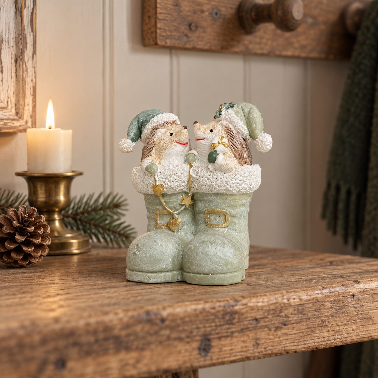 Hedgehogs in Winter Boots Christmas Ornament – Sage Green – 10cm