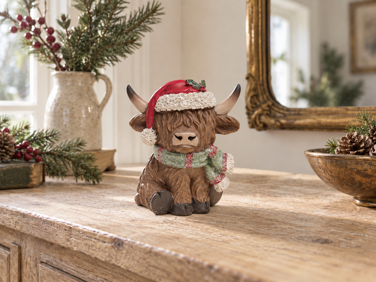 Festive Highland Cow Christmas Ornament with Scarf – 10.5cm