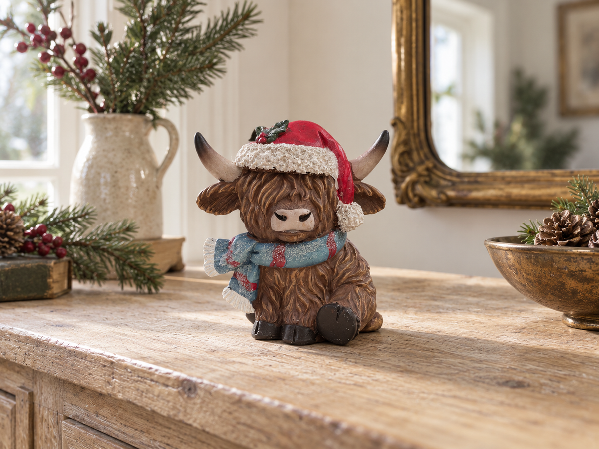 Festive Highland Cow Christmas Ornament with Scarf – 10.5cm