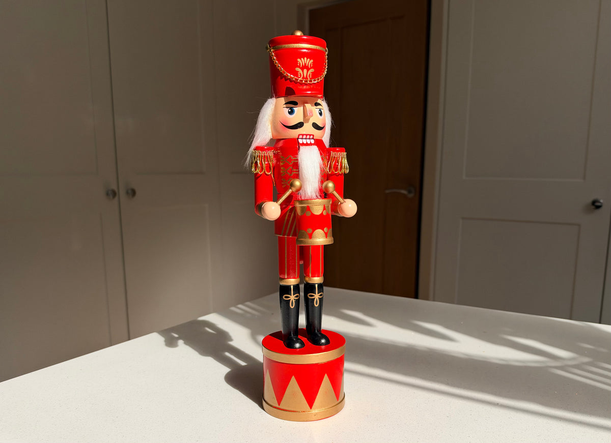 The Scarlet Drummer – Handmade Red & Gold Wooden Nutcracker, 36cm