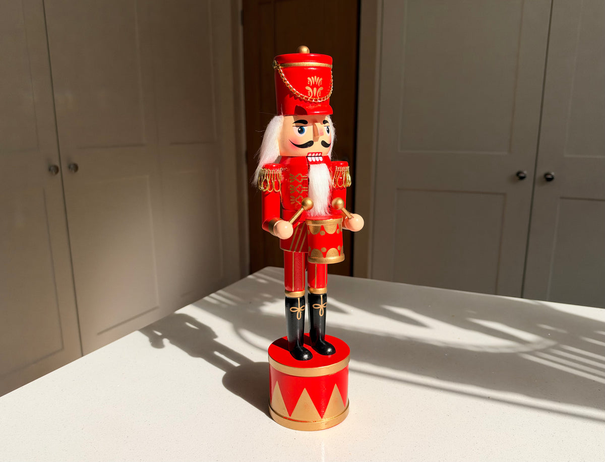 The Scarlet Drummer – Handmade Red & Gold Wooden Nutcracker, 36cm