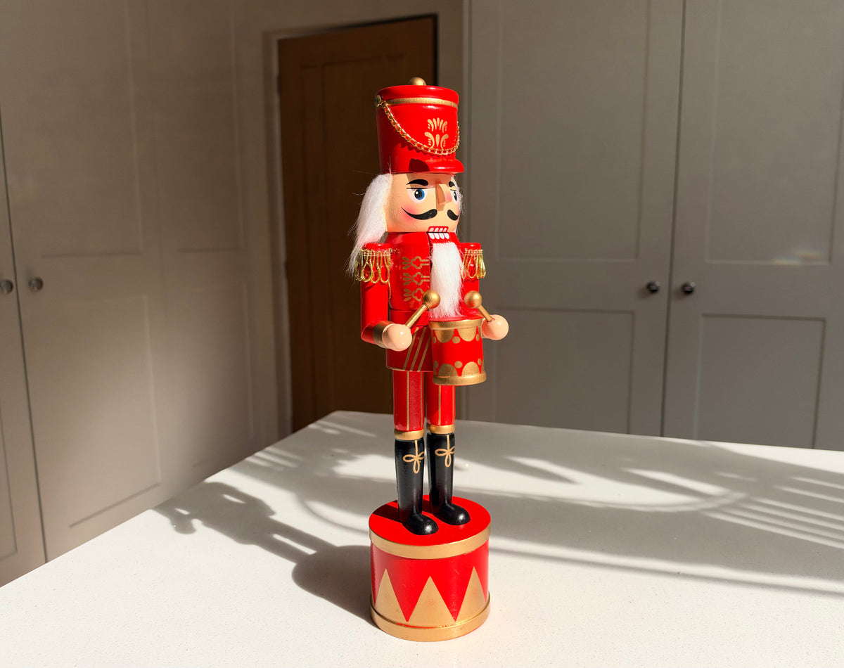The Scarlet Drummer – Handmade Red & Gold Wooden Nutcracker, 36cm