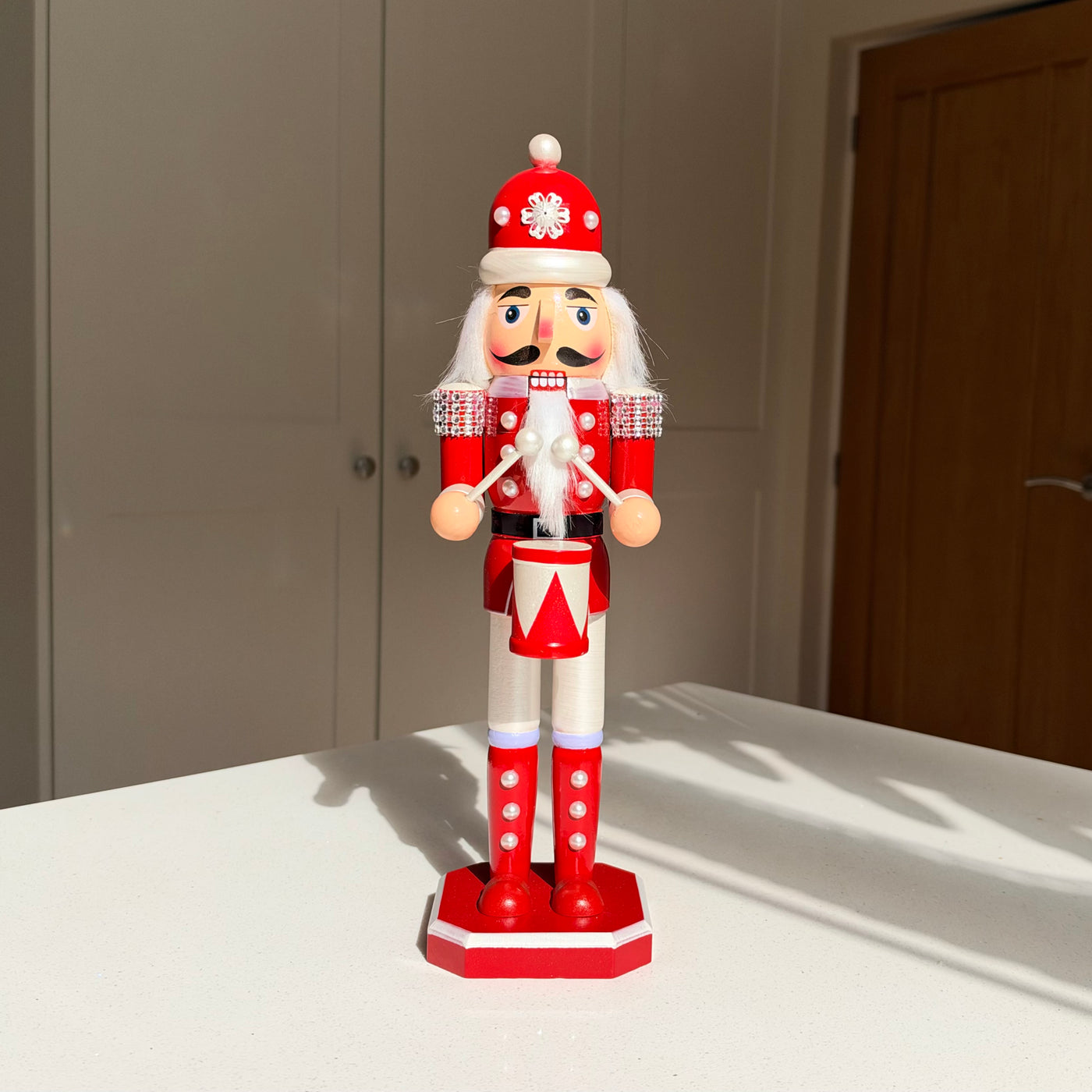 The Pearl Drummer – Handmade Red & White Wooden Nutcracker, 36cm