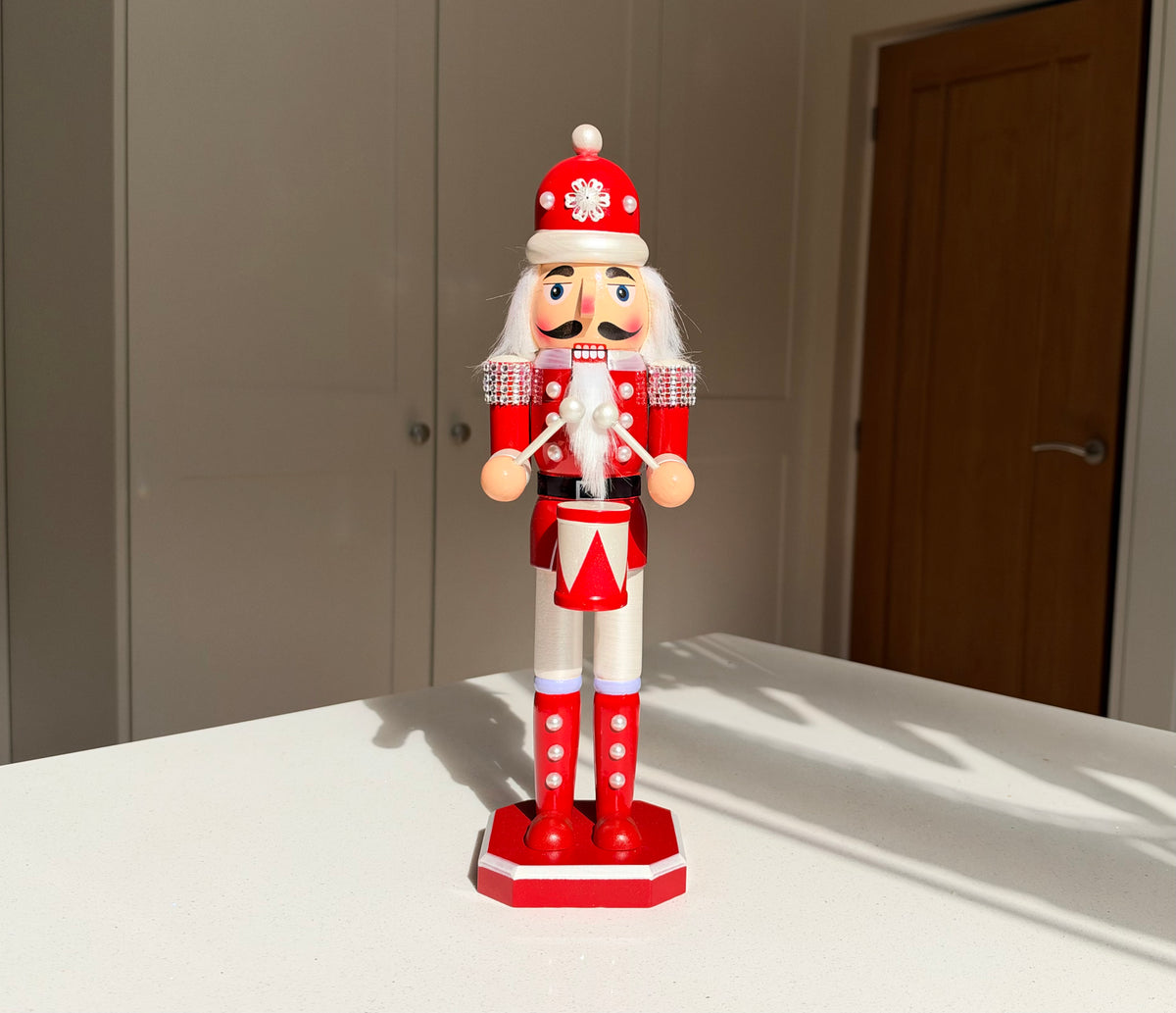The Pearl Drummer – Handmade Red & White Wooden Nutcracker, 36cm