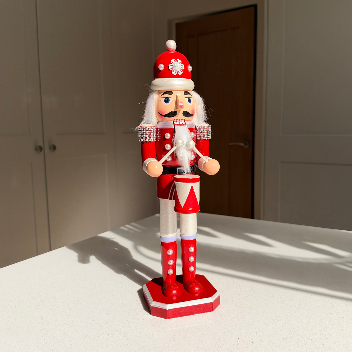 The Pearl Drummer – Handmade Red & White Wooden Nutcracker, 36cm