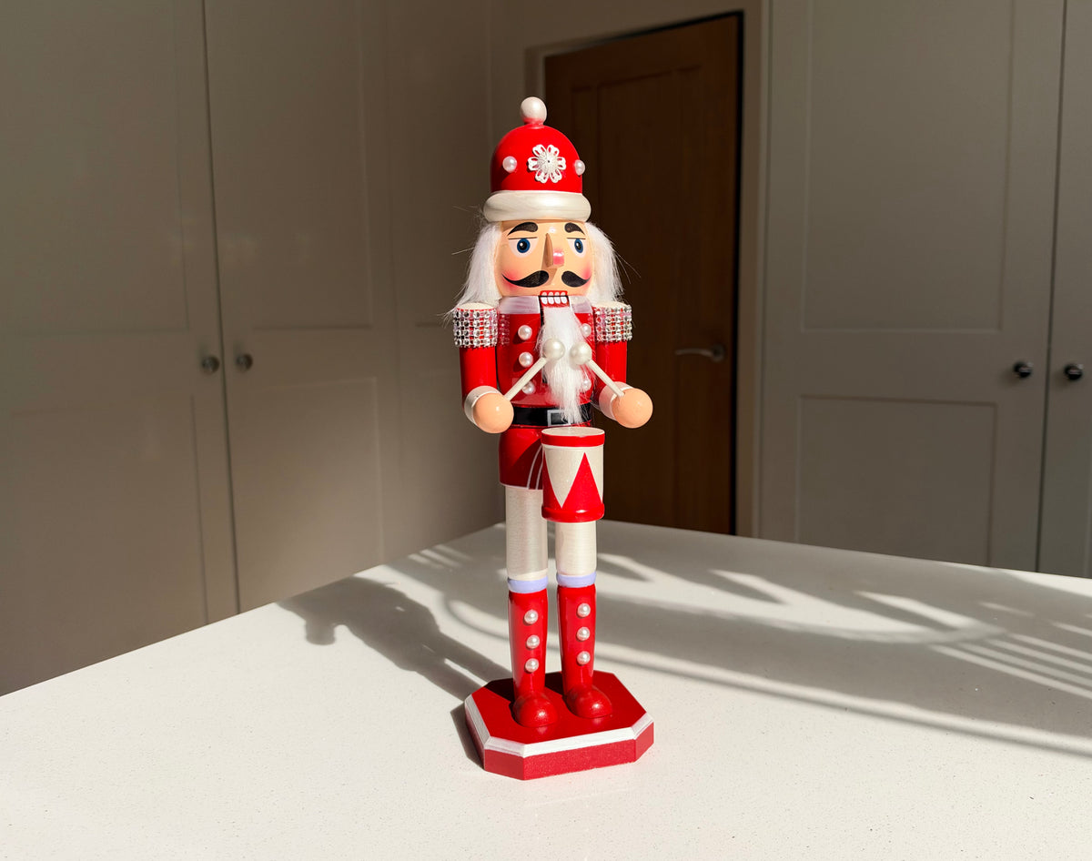 The Pearl Drummer – Handmade Red & White Wooden Nutcracker, 36cm