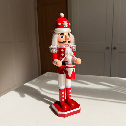 The Pearl Drummer – Handmade Red & White Wooden Nutcracker, 36cm