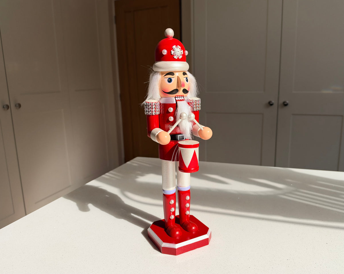 The Pearl Drummer – Handmade Red & White Wooden Nutcracker, 36cm