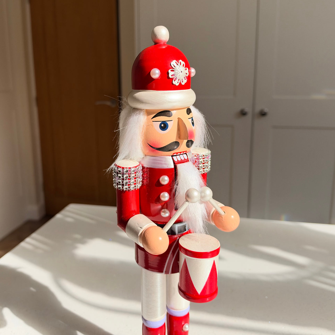 The Pearl Drummer – Handmade Red & White Wooden Nutcracker, 36cm