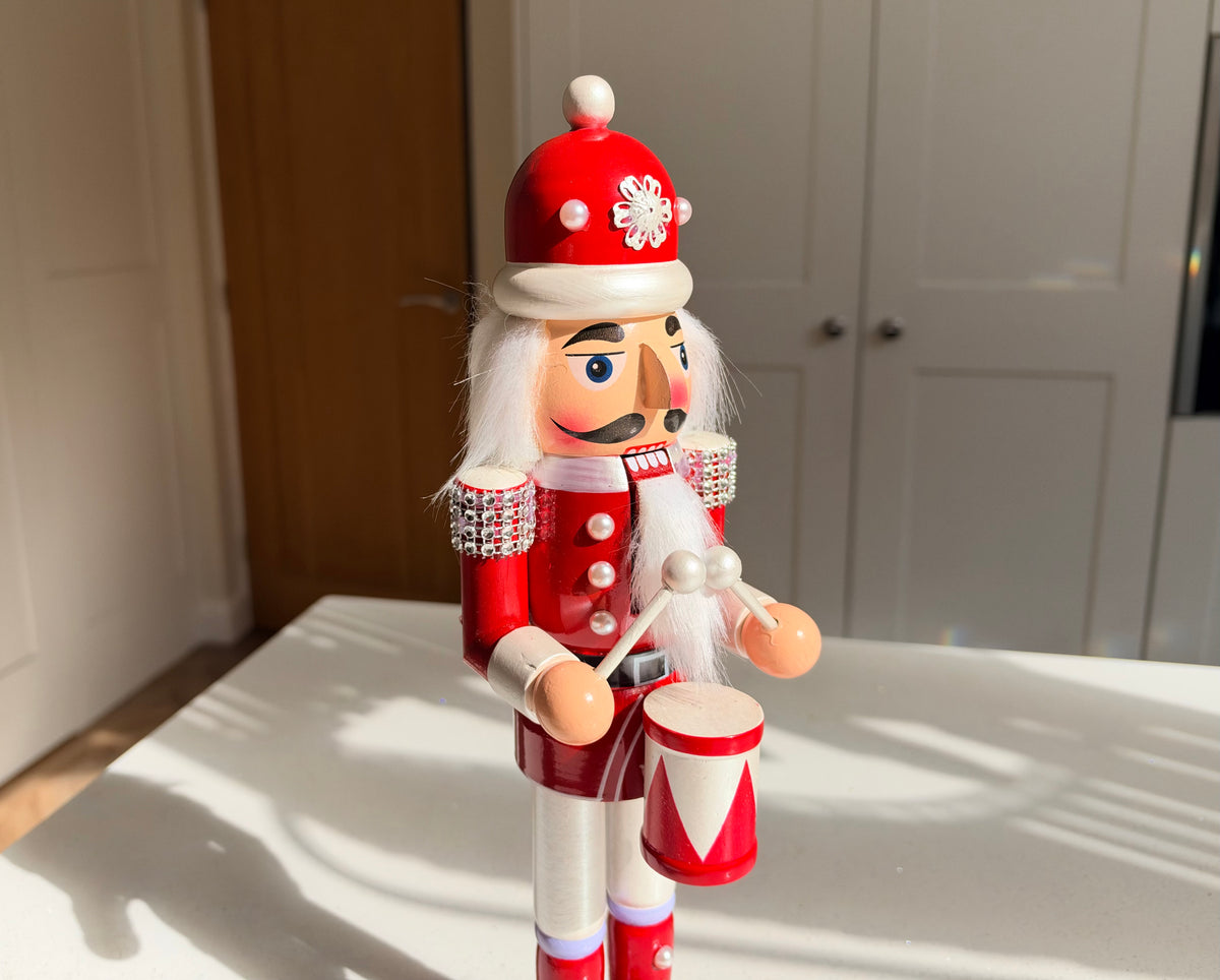 The Pearl Drummer – Handmade Red & White Wooden Nutcracker, 36cm