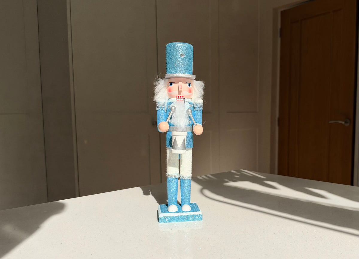 The Frosted Drummer – Handmade Blue and White Wooden Nutcracker, 30cm