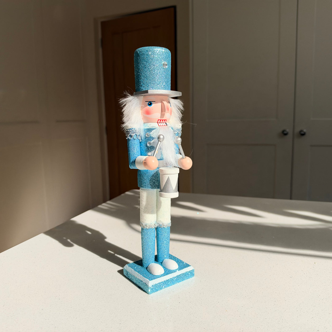 The Frosted Drummer – Handmade Blue and White Wooden Nutcracker, 30cm
