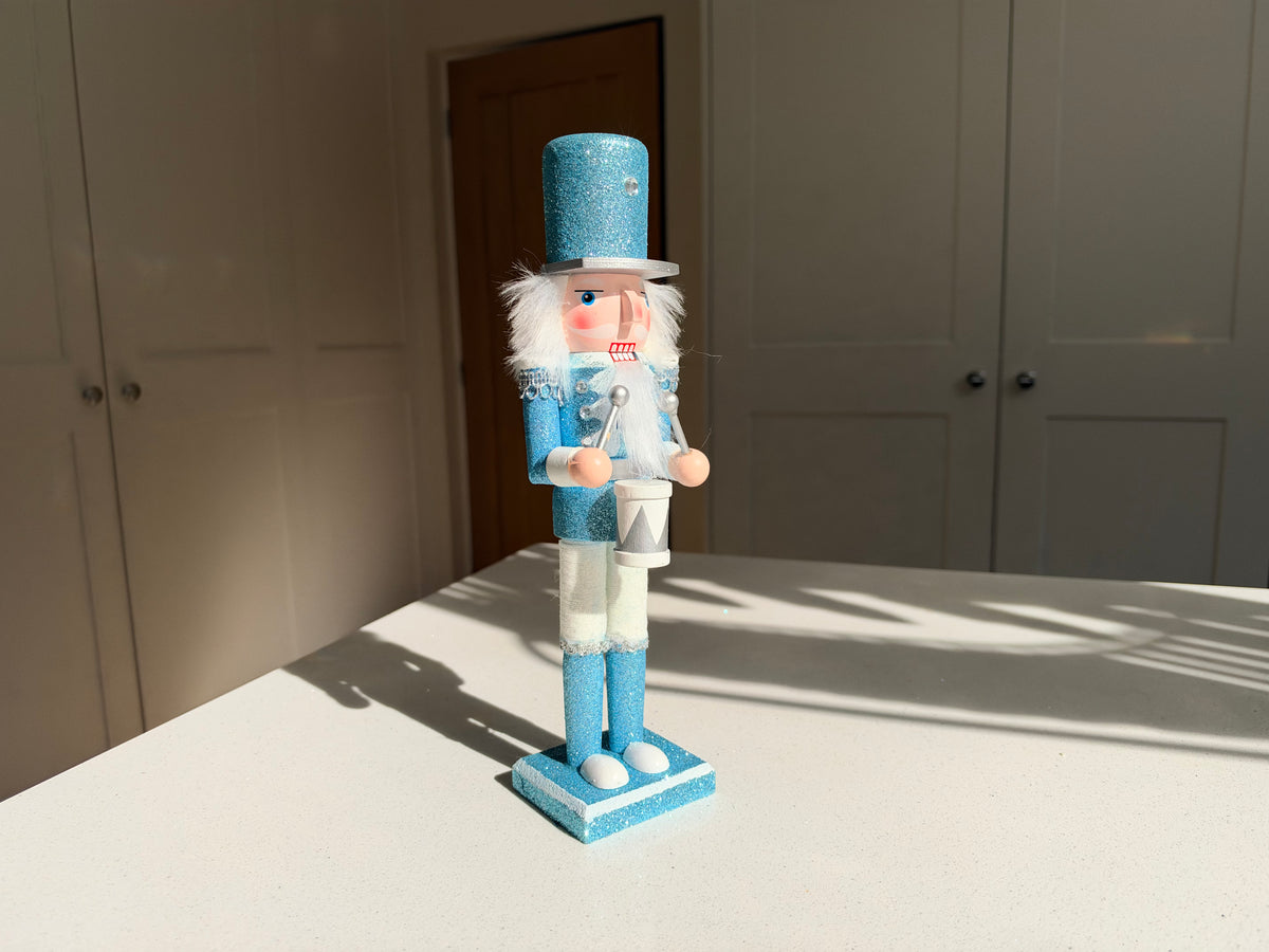 The Frosted Drummer – Handmade Blue and White Wooden Nutcracker, 30cm