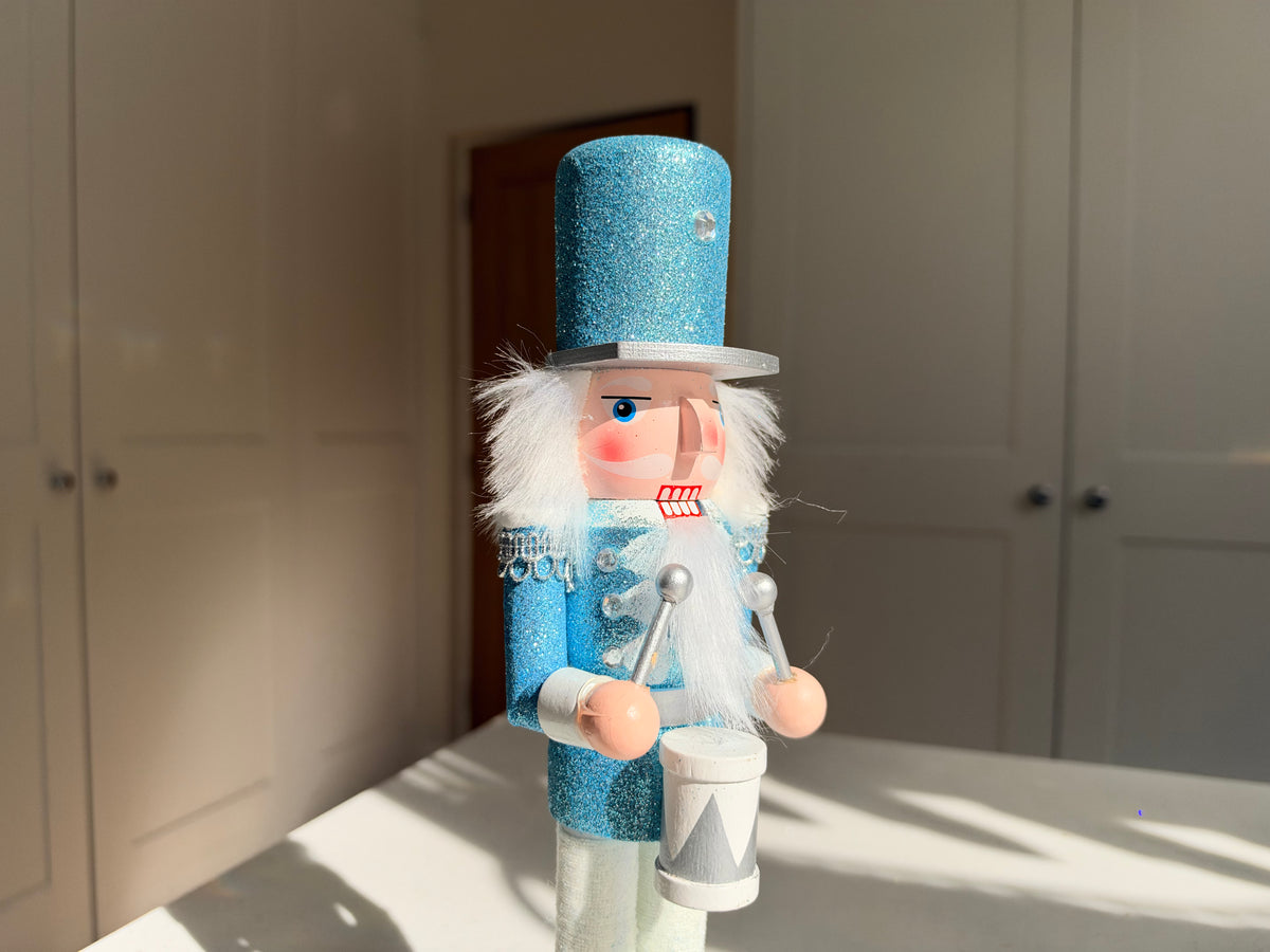 The Frosted Drummer – Handmade Blue and White Wooden Nutcracker, 30cm