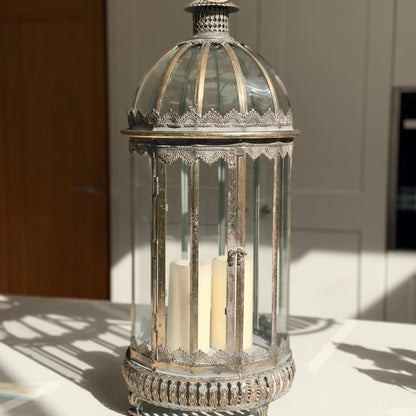 Extra large antique gold lantern with ornate glass panels
