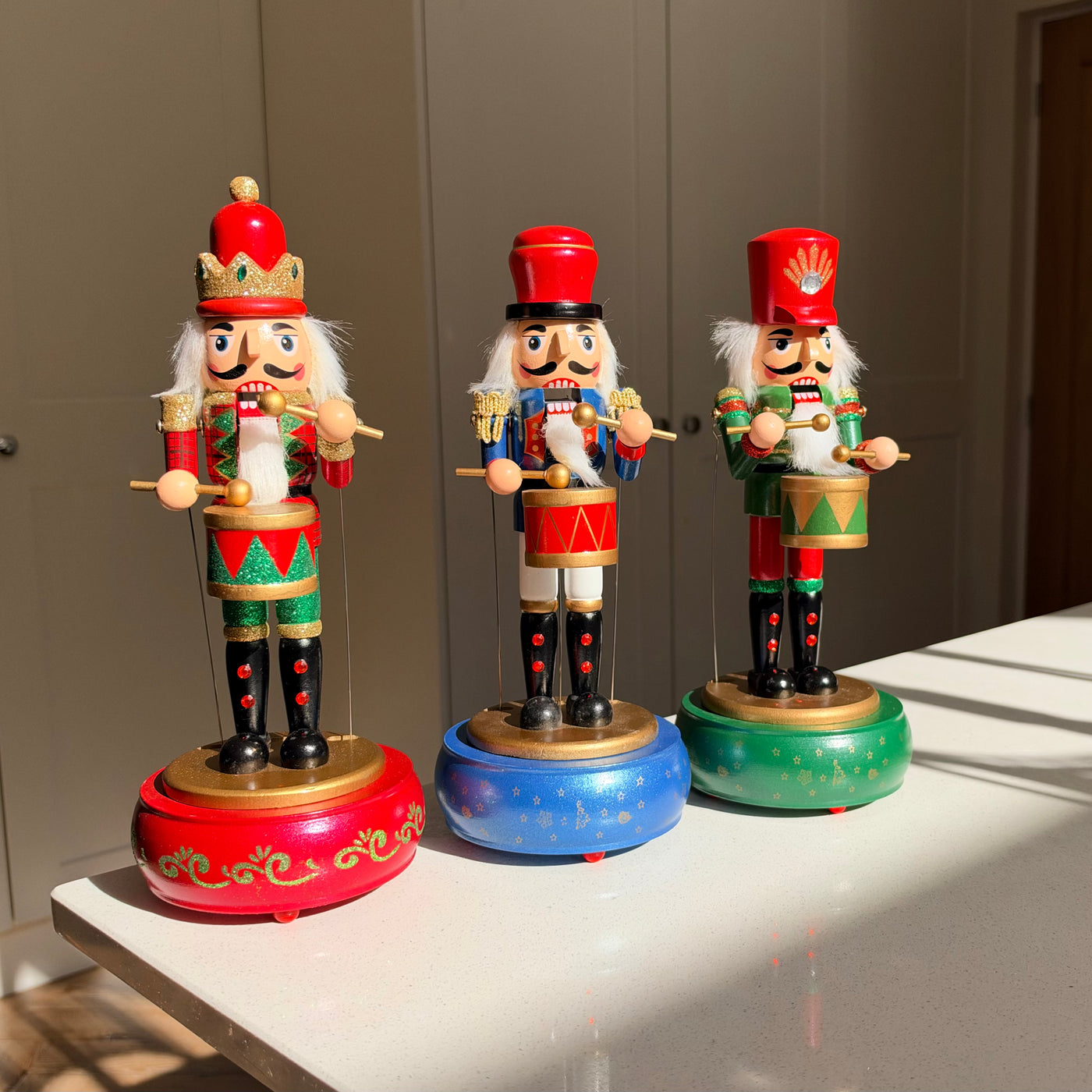 Musical Wooden Nutcracker Drummer, Hand-Painted Christmas Decoration, Blue Green or Red, 30cm