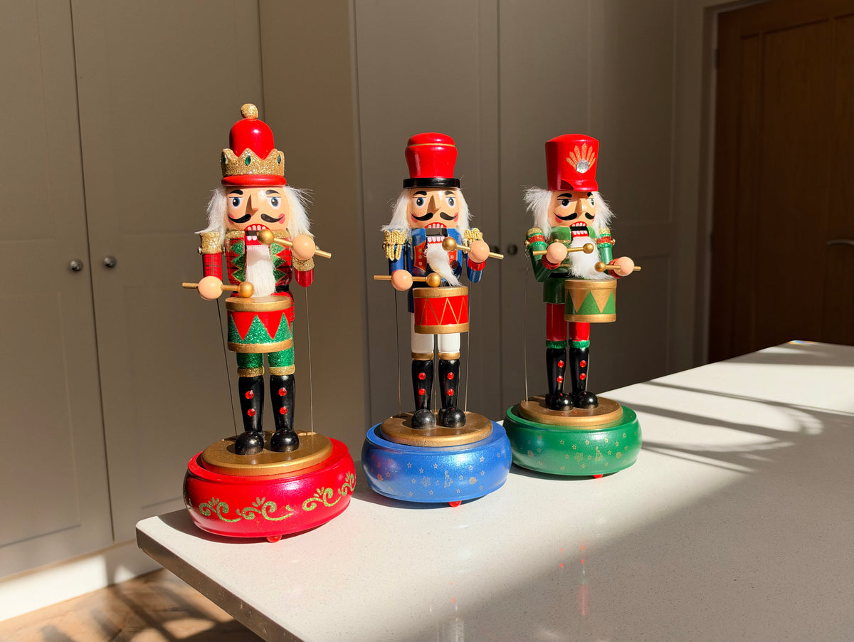Musical Wooden Nutcracker Drummer, Hand-Painted Christmas Decoration, Blue Green or Red, 30cm