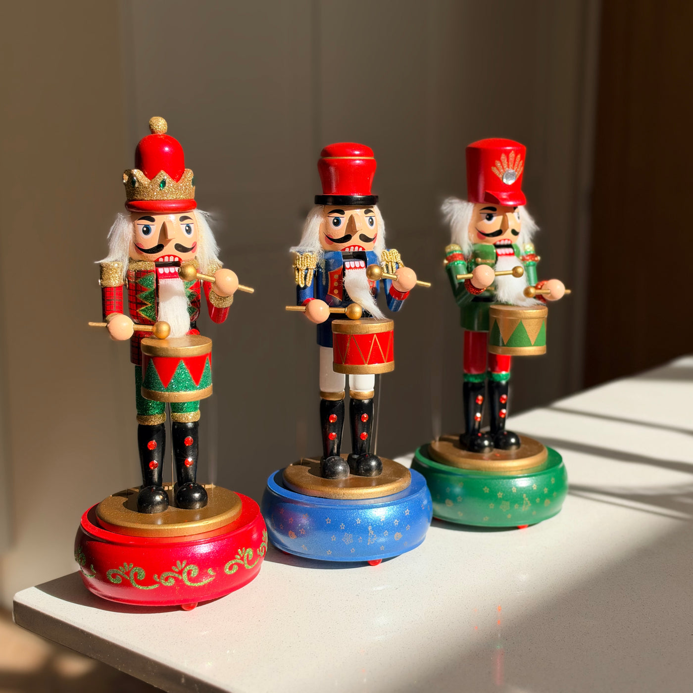 Musical Wooden Nutcracker Drummer, Hand-Painted Christmas Decoration, Blue Green or Red, 30cm
