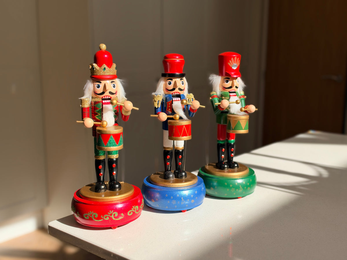 Musical Wooden Nutcracker Drummer, Hand-Painted Christmas Decoration, Blue Green or Red, 30cm