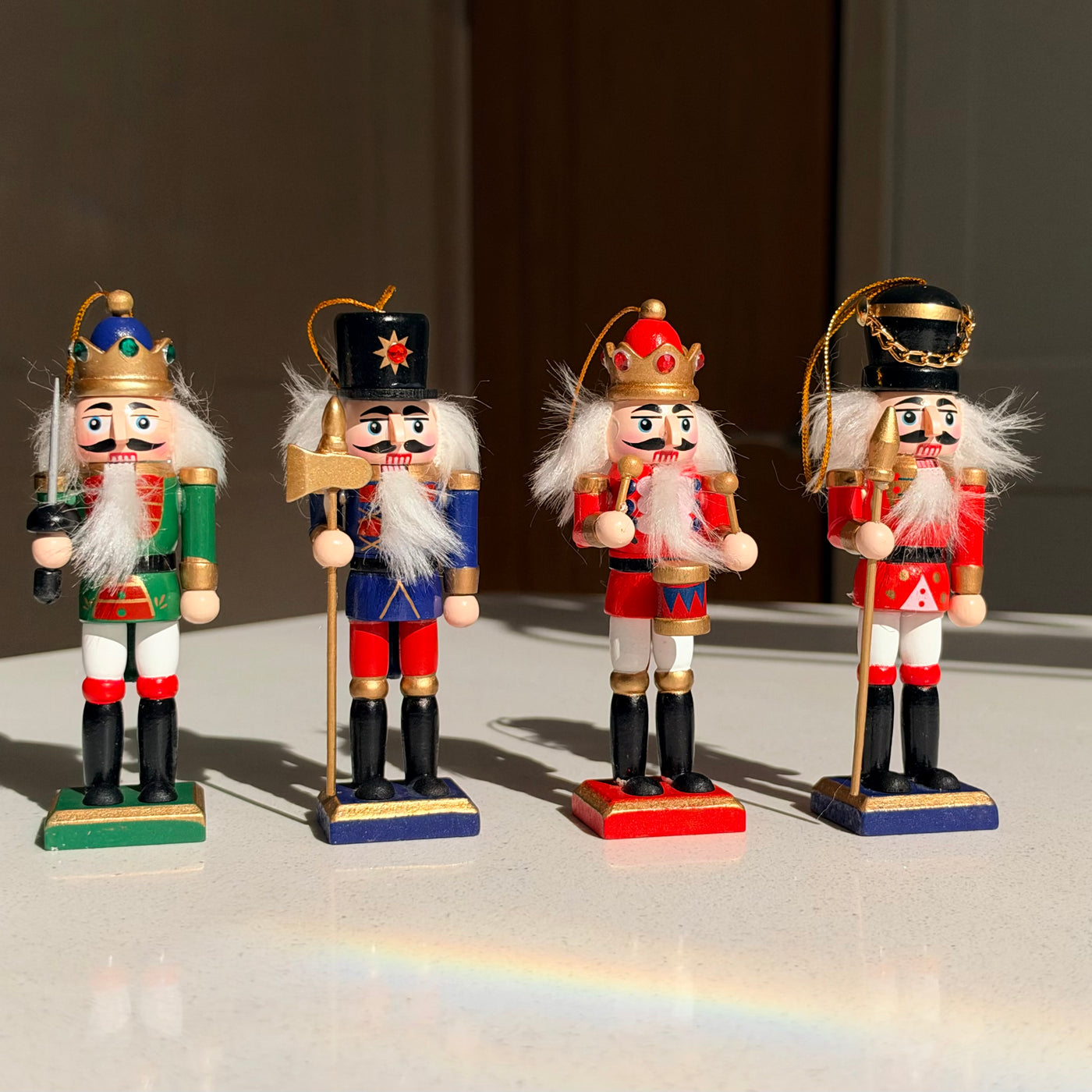 The Crown Guard Collection – Set of 4 Mini Wooden Nutcracker Hanging Ornaments, 13cm