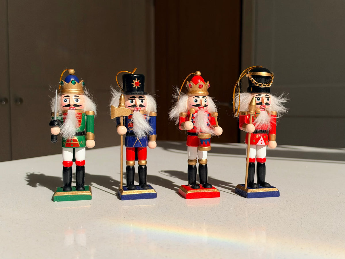 The Crown Guard Collection – Set of 4 Mini Wooden Nutcracker Hanging Ornaments, 13cm