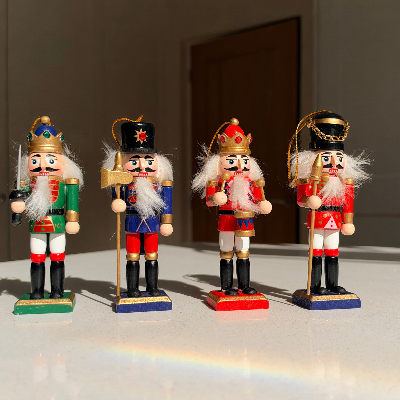 The Crown Guard Collection – Set of 4 Mini Wooden Nutcracker Hanging Ornaments, 13cm