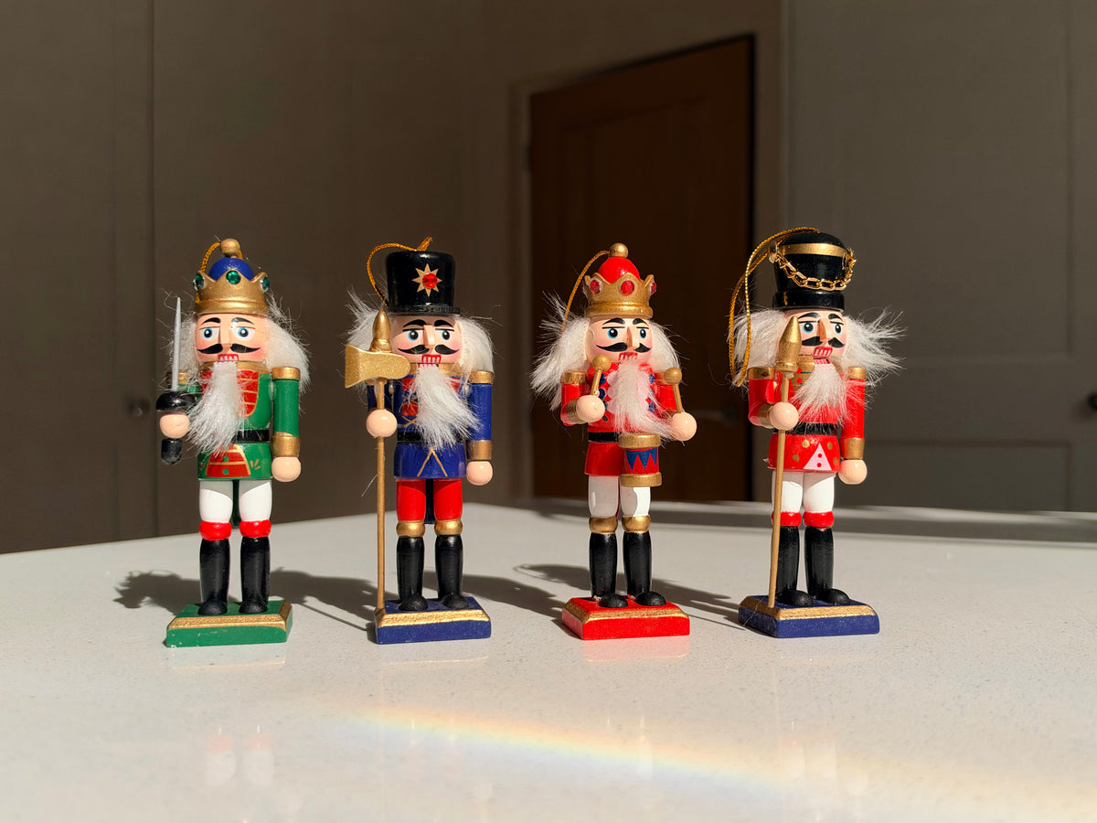 The Crown Guard Collection – Set of 4 Mini Wooden Nutcracker Hanging Ornaments, 13cm