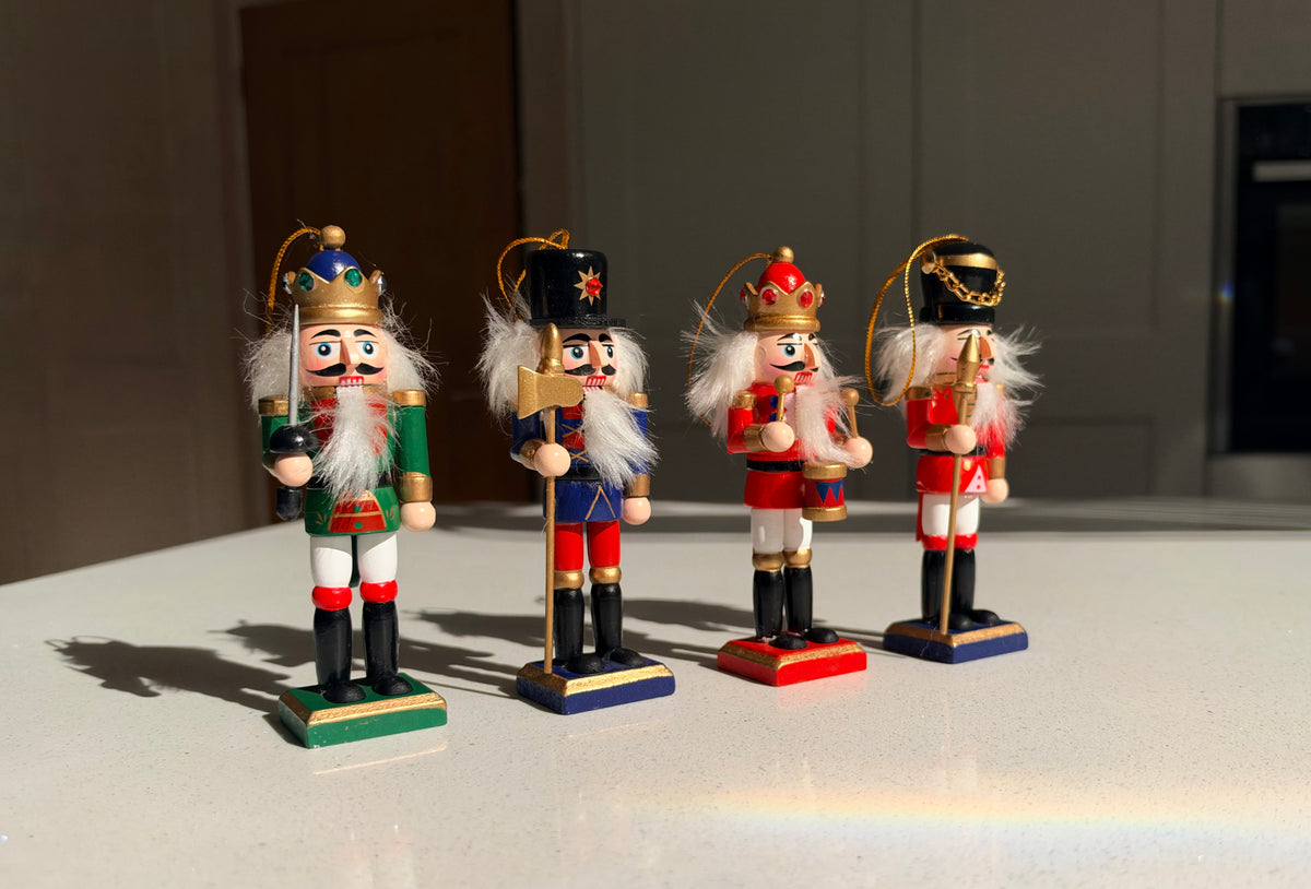 The Crown Guard Collection – Set of 4 Mini Wooden Nutcracker Hanging Ornaments, 13cm