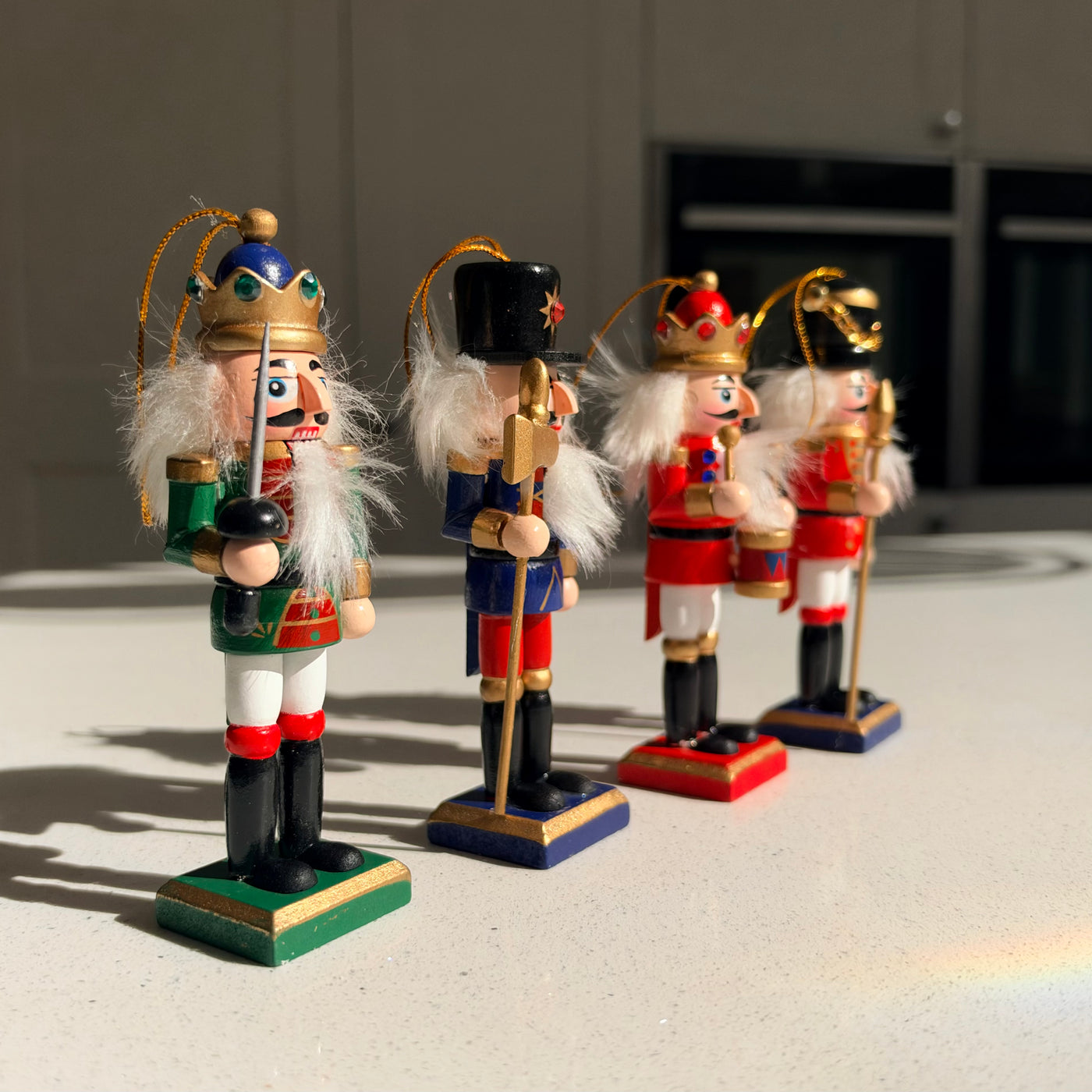 The Crown Guard Collection – Set of 4 Mini Wooden Nutcracker Hanging Ornaments, 13cm