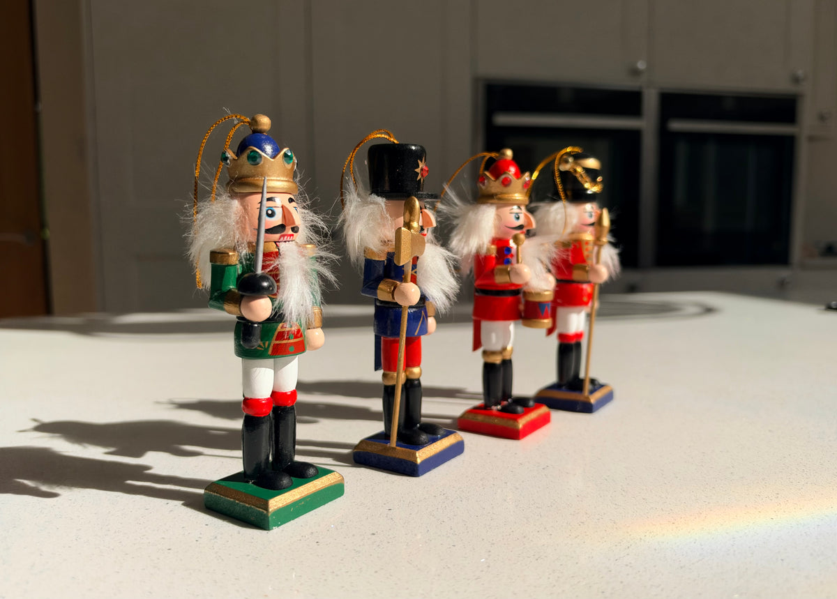 The Crown Guard Collection – Set of 4 Mini Wooden Nutcracker Hanging Ornaments, 13cm