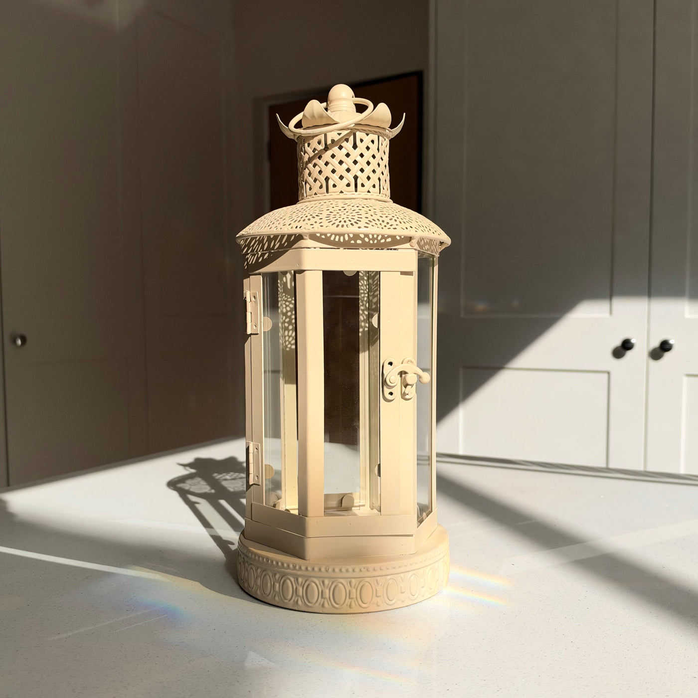 The Belvoir – Handmade Cream Metal and Glass Lantern, 37cm
