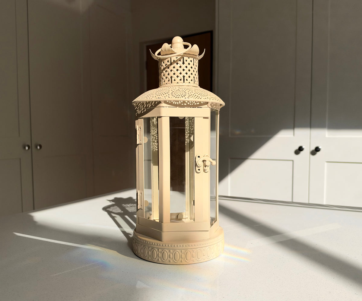 The Belvoir – Handmade Cream Metal and Glass Lantern, 37cm