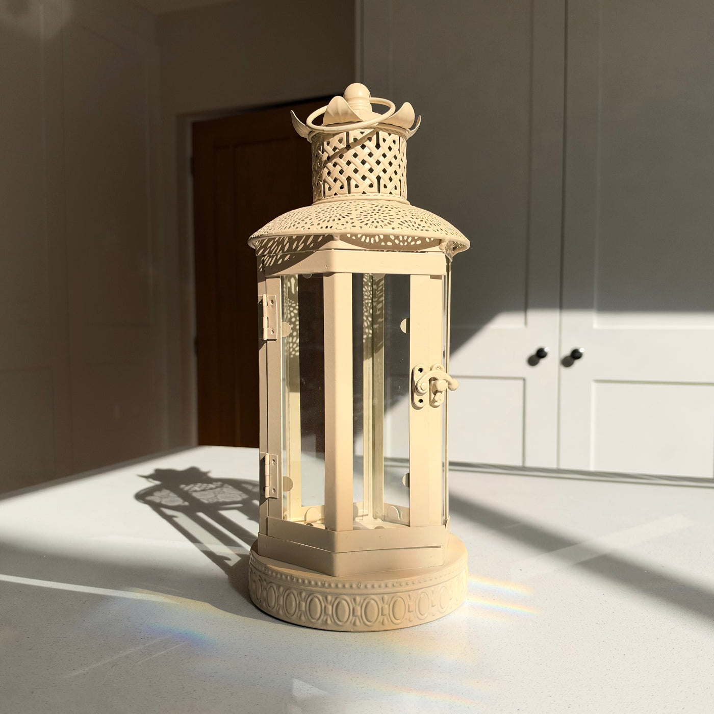 The Belvoir – Handmade Cream Metal and Glass Lantern, 37cm