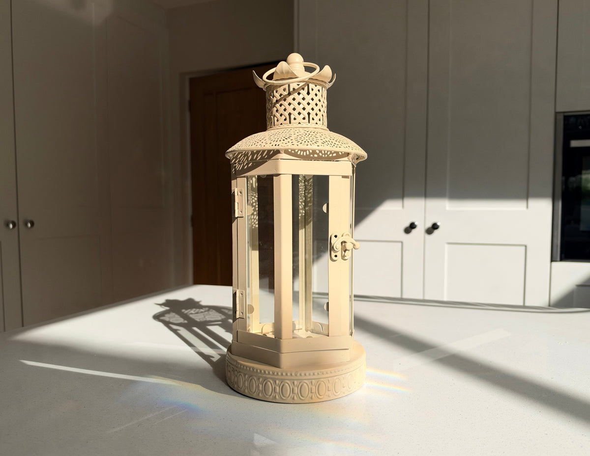 The Belvoir – Handmade Cream Metal and Glass Lantern, 37cm