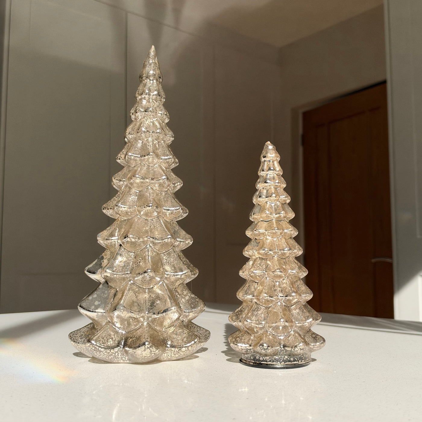 Hand-Blown Mercury Glass LED Christmas Tree with Timer in Two Sizes