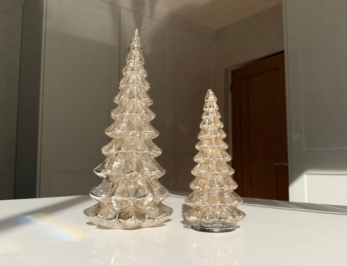 Hand-Blown Mercury Glass LED Christmas Tree with Timer in Two Sizes